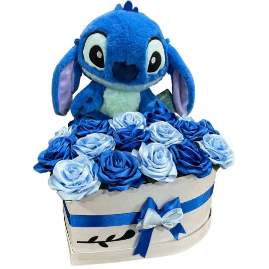 caja corazon stitch con flores de raso xl